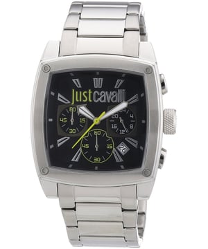 Reloj Just Cavalli Pulp para hombre con pulsera plateada de acero inoxidable y diámetro negro.