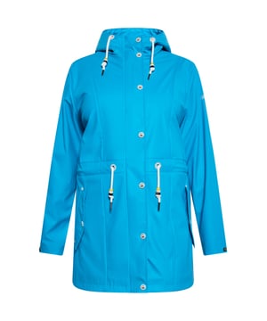 Ontdek de ultieme soepele regenjas voor je outdooravonturen. Dit stijlvolle parka-jack heeft een relaxte pasvorm, een capuchon met trekkoord en een ritssluiting aan de voorkant voor bescherming. Met een drukknoopsluiting, klepzakken en een trekkoord in de taille is hij functioneel en toch chic. Jas met hoge kraag voor extra bescherming. Gemaakt van waterdicht materiaal met gelaste naden, waterdicht tot 3000 mm. Dit artikel maakt deel uit van de Plus Size Collectie.  Ronde regenjas