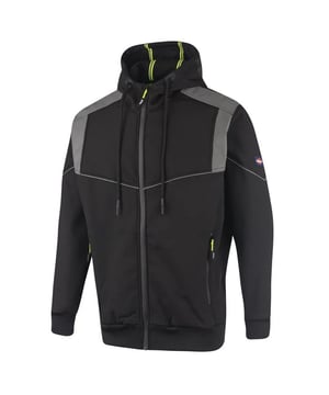 95% Polyester, 5% Elastane. Fabric: Bonded, Softshell, Stretch. Lining: Brushed Fleece. Design: Logo, Plain. Fabric Technology: Lightweight, Thermal, Windproof. Branded Sleeve, Reflective Detail, Side Seams. Neckline: Hooded. Sleeve-Type: Long-Sleeved. Cuff: Ribbed, Stretch. Hood Features: Drawcord, Sew-On. Pockets: 2 Side Pockets, Zip. Fastening: Full Zip. Hem: Ribbed, Stretch. L: 38 in. XXL: 46 in. 3XL: 48 in.