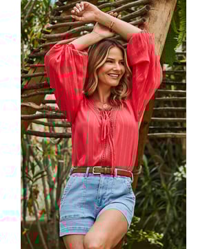 Instant summer vibes Crafted from cool crinkle fabric Lace-up neckline and billowing sleeves for a boho vibe That coral hue is an instant mood-booster Jeans, trousers, skirts, shorts - there's nothing it won't go withThrow it over swimwear for holiday lunches