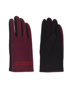 Guess gloves.
 Brand logo with sequins on the front.
 Thermal and soft fabric.
 Composition: 85% Polyester, 15% Viscose
 Care:
Wash maximum at 30º
 -Do not dry clean.
 -Do not iron.
 -Do not use bleach.
 -Do not use dryer.