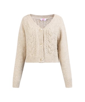 Met zijn brede kabelpatroon en trendy cropped vorm is dit vest van myMo de favoriet van het winterseizoen. Het is gemaakt van een zachte garenmix en wordt geaccentueerd met geribde boorden. De licht geknipte pasvorm, een V-hals en chique knopen ronden het model met veel gemak af.