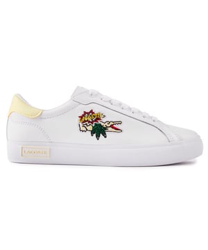 Lacoste's Powercourt Women's Trainer Is A Fashion Icon With Retro Appeal. This White Pair Features A Funky, Eye-catching L-croc Branding, Pale Yellow Details, Canvas Lining And A Padded Ortholite Insole For Extra Comfort. A Great Addition To Let Your All-season Wardrobe Stand Out.