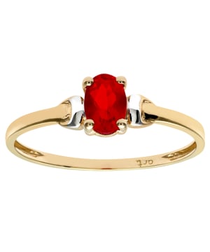 9K (375) geel- en witgoud: 0,85 gram; # Synthetische robijn: 0,35 ct