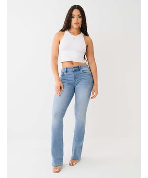 Add some bling to your jean with the Becca Crystal Bootcut Jean. It features a mid-rise waist, stonewash, zip fly, belt loops, whiskering, five pocket construction, and single needle stitching. Finished with rhinestones in the shape of a horseshoe on the back.