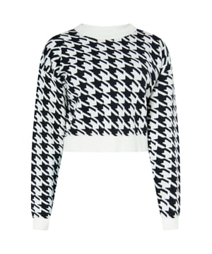 Wir stellen Ihnen einen verkürzten Jacquard-Pullover mit langen Ärmeln, Rundhalsausschnitt und gerippter Struktur an Bündchen, Saum und Ausschnitt vor. Dieser verkürzte Pullover weist durchgehend ein zeitloses Hahnentrittmuster auf. Die normale Passform ist weder zu locker noch zu eng, mit eingesetzten Ärmeln für mehr Komfort. Ein stylischer Crop-Pullover aus Strick, perfekt für jeden Anlass.  Zur Seite fahren