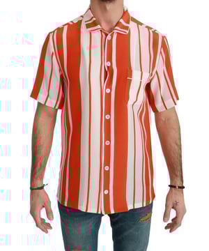 Camisa de Seda Rayada Dolce & Gabbana  
100% auténtica, nueva con etiquetas  
Camisa casual de manga corta  
Material: 100% SEDA  
Color: Rayas blancas y naranjas  
Sensación de gran lujo  
Un bolsillo en el pecho  
Cierre completo con botones en la parte frontal  
Detalles del logo  
Hecho en Italia
