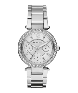 Brand: Michael Kors Model: MK5615 Gender: Women Style: Fashion Case Material: Stainless Steel Case Color: Silver Case Shape: Round Display Type: Analog Glass: Mineral Glass Crown: Pull Crown Movement Type: Chronograph Power Supply: Battery Brand of Movement: Seiko Instruments Inc. Waterproof: 5atm Case Diameter: 33mm Case Thickness: 11mm Band Material: Stainless Steel Band Color: Silver Closure: Folding Clasp with Push Button Strap Width: 16mm