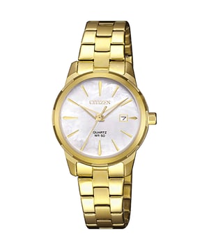 This Citizen  Analogue Watch for Women is the perfect timepiece to wear or to gift. It's Gold 28 mm Round case combined with the comfortable Gold Stainless steel watch band will ensure you enjoy this stunning timepiece without any compromise. Operated by a high quality Quartz movement and water resistant to 5 bars, your watch will keep ticking. This elegant and simple watch matches every dress -The watch has a Calendar function: Date, Luminous Hands High quality 19 cm length and 13 mm width Gold Stainless steel strap with a Fold over with push button clasp Case diameter: 28 mm,case thickness: 7 mm, case colour: Gold and dial colour: Mother of pearl