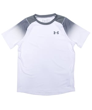 Junior Boys Under Armour MK1 Dash T-Shirt in white.- Ribbed crew neck.- Short sleeves.-The  iconic UA logo printed to the chest.- Breathable.- 90% Polyester  10% Elastane. Machine washable.- Ref: 1361951100J