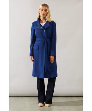 Elegant funnel neck design for a sophisticated silhouette
        Double-breasted front with stylish metallic buttons
        Flattering belted waist to accentuate your figure
        Long sleeves with button detailing at the cuffs
        Versatile mid-length cut suitable for various occasions
    
    This smart funnel neck coat from Wallis is the epitome of refined style. Perfect for the woman who appreciates sophistication with a touch of glamour, this coat is designed to make a statement. The double-breasted front with its eye-catching metallic buttons adds a luxurious touch, while the belted waist creates a flattering silhouette. Style it over sleek trousers and a blouse for a polished office look, or wear it atop an elegant dress for formal events. The versatile mid-length cut ensures you'll look put-together whether you're attending a business meeting or heading to a dinner party. Pair with heeled ankle boots and a structured handbag to complete your ensemble. This coat is a wardrobe essential that effortlessly transitions from day to night, embodying the Wallis woman's desire for comfort without compromising on style.