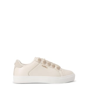This Carvela Triumph trainer features a blush leather alternative upper with slight texture. There are gold crystal embellished studs across the eye stay. The tongue and heel both feature branding.