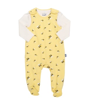 95% organic cotton 5% elastane | Proud to be certified to the Global Organic Textile Standard (GOTS) | Two-piece set | Bumble all-over print dungarees | Cream bodysuit | Single jersey with a little bit of stretch (180-190 gsm) | Dungarees: Popper crotch and shoulder opening and feet | Bodysuit: Envelope neck and long sleeves | Made in Turkey | Machine washable at 40 degrees, or at 30 degrees to be kinder to the planet