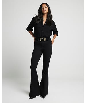 Petite collection, High waisted, Flared design, Denim fabric, Tummy hold, Belt loops, Classic 5 pockets, Button and zip fastening
