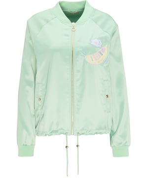 Bel mij! Met deze casual mix van bomberjack en collegejack presenteert myMo een zachte, glanzende blouson die perfect gestyled overal mee naartoe gaat. De hoogwaardige afwerking met de coole mobiele telefoonstick op de borst laat modeharten sneller kloppen. Twee zijzakken plus logo-drukknopen en een hartvormige ritssluiting onderstrepen de bijzondere look. De geribde manchetten aan de mouwuiteinden en halslijn zorgen voor een stoere afwerking. Met een trekkoord en koord kan het model nonchalant in de taille worden gesnoerd.  Satijnen blouson