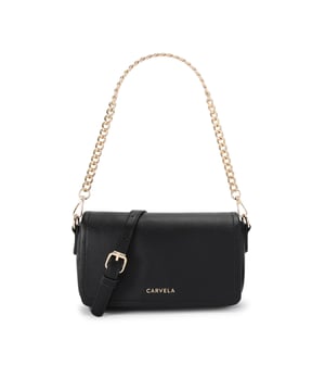 This Carvela Como Chain Shoulder Bag features a textured black exterior with gold tone branding on the front flap. There are two removable straps for optional styling. Dimensions: 12cm (H), 21cm (L), 6cm (D). Strap length: 122cm.