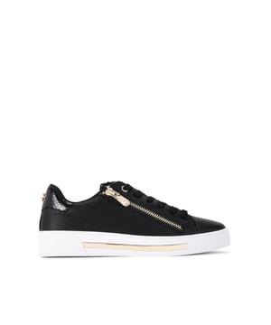 The Carvela Diamond Zip trainer features a black upper with multiple textures. The front laces up with gold tone tabs across the lace up front and foil embossed branding on the tongue.