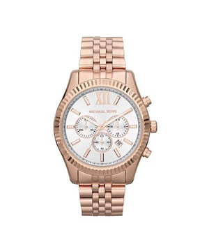 PRODUCT INFO - Case Diameter: 44 mm   Case Material: Rose Gold Plating   Water Resistant: 100 Metres   Movement: Quartz (Battery)	Dial Colour: White   Strap Material: Rose Gold   Bracelet Clasp Type: Push-Button Deployment Gender: Female

DESCRIPTION - This Michael Kors Lexington watch is made from a rose gold tone and is fitted with three chronograph sub dials and a date window powered by a quartz movement. This stunning watch is a testament to the sophisticated and luxurious approach this model achieves. This fashionable watch fastens with a rose gold tone bracelet with a polished finish. The round face displays a white dial, enhanced by an oversized Roman numeral featuring at 12 o'clock ensure this timepiece embraces the masculine inspired design.