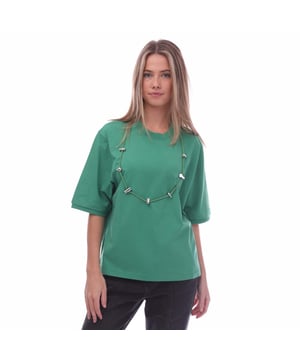 Womens Ambush Stoppers T-Shirt in green.- Ribbed crew neck.- Short sleeves.- Detachable cord necklace with stopper detailing.- Embroidered logo at left chest.- Fabric: 100% Cotton.  Rib: 100% Cotton.  Details: 100% Polyester.  Machine washable.- Ref: BWAA0310015555