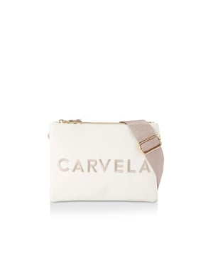 This Carvela Frame Double Pouch bag features two bone and blush pouches with embossed branding on the front. The two compartments are closed with gold tone zips. 16cm (H), 22cm (L), 4cm (D). Strap length: 121cm.