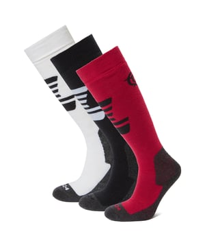 Our Bergenz Ski Socks are designed to be the perfect ski sock for anybody, no matter their level of ski expertise. Made from an ultra comfy merino blend, these socks have comfort at their core. Key sections of the sock are cushioned to prevent blistering and discomfort on the skin, keeping the cushioning focussed on key, high-contact, parts of the foot and shin stops these socks being too heavy and cumbersome, ensuring great flexibility on the slopes. Re-inforced heel and toe areas offer additional protection and non-slip cuff grips keep your socks where you need them to be. These 3 Packs give you 3 pairs of socks in a range of colours, so you can look as good as you feel.