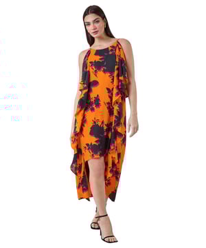 Floral Chiffon Ruffle Detail Midi Dress from Roman. Elevate your Summer wardrobe with this striking ruffle detail midi dress from the Ariella range. Featuring a elegant, cascading waterfall frill detail, this dress has a striking hi-low silhouette to add a touch of drama to your occasionwear. This sleeveless dress with a concealed back zip fastening is crafted from floral printed woven fabric and is fully lined for maximum comfort. The metal trim on the shoulder straps provides a sophisticated edge. Whether you're attending a wedding or a formal dinner, style it with strappy heels and a clutch bag for event-ready glamour!
