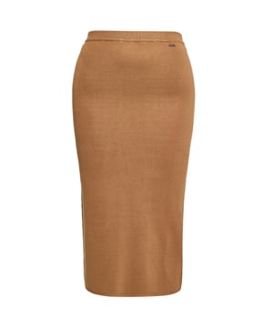 Dieser elegante Midi-Bleistiftrock hat eine schmale Passform und ist perfekt für einen schicken und klassischen Look. Es ist aus Strick gefertigt und bietet mit seinem dehnbaren Bund Komfort und Flexibilität. Das klare Design macht es vielseitig für verschiedene Anlässe, während das dezente Markenemblem dem Stück einen Hauch von Raffinesse verleiht.  Felsen