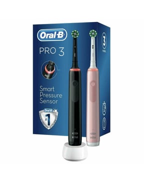 Experience Oral-B Pro 3 from the #1 brand used by dentists worldwide. The sleek handle of the Pro 3 electric toothbrush helps you brush like your dentist recommends: It helps you brush for 2 minutes with the professional timer and it notifies you every 30 seconds to change the area you are brushing. While you are just moving the brush around your mouth, Oral-B's unique round head does all the rest.

It removes up to 100% more plaque than a standard manual toothbrush for healthier gums and it starts making your smile whiter as of the first day of brushing by removing surface stains. Not only this, but the toothbrush helps you protect your delicate gums with the 360 ̊gum pressure control technology that reduces brushing speed and alerts you to be gentler if you brush too hard. Oral-B Pro 3 is the must-have brush for everyone who wants to switch to an electric toothbrush and improve their oral health.

Features:
For a Clean that Wow: Remove bacteria by removing up to 100% more plaque vs. a manual toothbrush
3 Brushing Modes: Daily cleaning, Whitening and Sensitive
Deep Cleaning &Healthier Gums: With 360 ̊ Gum Pressure Control That Visibly Alerts You If You Brush Too Hard

Battery Life: The battery lasts more than 2 weeks with 1 charge with the Lithium-ION battery. Helps you brush longer with the 2 minutes-embedded timer

Safety Warnings: Periodically check the cord for damage. If the cord is damaged, take the charging unit to an Oral-B Braun service centre. A damaged or non-functioning unit must no longer be used. Do not place or store the charger where it can fall or be pulled into a tub or sink. Do not place the charger in water or other liquid. Do not reach for a charger that has fallen into the water. Unplug immediately. Do not modify or repair the product. This may cause fire, electric shock or injury.

Note: This product comes with a two-pin UK plug. This is suitable for two-pin UK electrical sockets, which are often found in bathrooms.

Box Includes: 2x Oral-B Pro 3 3900 Electric Toothbrushes, Black & Pink