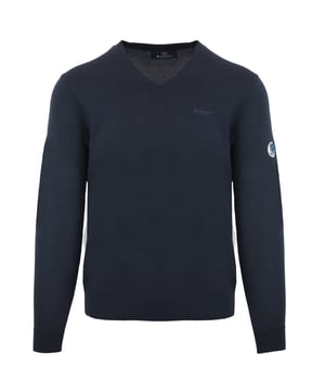 Aquascutum Blauwe Trui, 100% Katoen, Klein Merkenbadge Op De Linker Mouw, Geproduceerd In Bangladesh, Blauwe Trui Met V-Hals