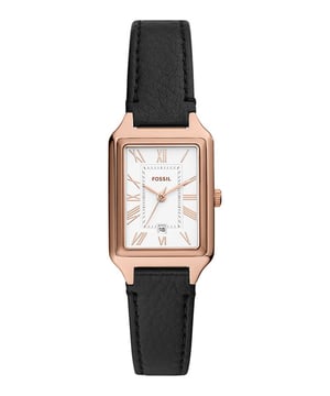 This Fossil Raquel Analogue Watch for Women is the perfect timepiece to wear or to gift. It's Rose Gold 23 mm Rectangular case combined with the comfortable Black Leather watch band will ensure you enjoy this stunning timepiece without any compromise. Operated by a high quality Quartz movement and water resistant to 5 bars, your watch will keep ticking. Elegant and fashionable watch that is suitable for the daily life of every Women. This Analogue watch has a calendar function: Date High quality 19 cm length and 12 mm width Black Leather strap with a Buckle Case measurement: 23 X 30 mm,case thickness: 7 mm, case colour: Rose Gold and dial colour: White
