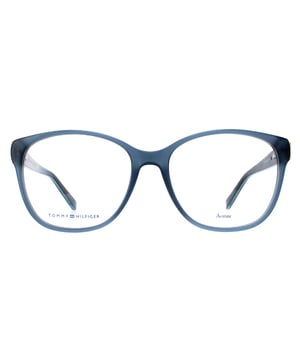 Tommy Hilfiger Square Womens Blue Glitter TH1780  Glasses feature a lightweight and durable square frame that provides a comfortable and secure fit. The temples are adorned with the iconic Tommy Hilfiger logo, adding a touch of elegance and sophistication to the overall look.
