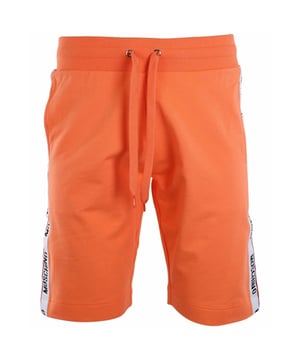 Moschino-Orange-Shorts, Band-Logo an den Beinen, elastische Taille, bequeme Stretch-Passform, 95 % Baumwolle, 5 % Elasthan, Gesasstasche, Kordelzugbander, Moschino-Loungewear, geklebtes Branding, einfarbiges Logo auf der Tasche