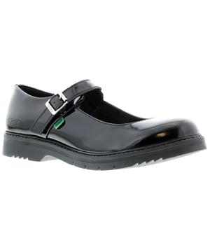 Womens Kickers Finley Patent Shoes in black.- Premium leather upper.- Buckle fastening closure. - Sole designed to be durable and long-lasting. - Sleek patent finish.- Iconic coloured tabs. - Comfortable padded collar.- Leather upper  Textile lining  Synthetic sole. - Ref: 116233