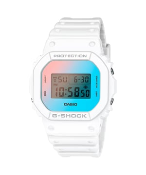 This Casio G-shock Digital Watch for Women is the perfect timepiece to wear or to gift. It's White  Rectangular case combined with the comfortable White Plastic watch band will ensure you enjoy this stunning timepiece without any compromise. Operated by a high quality Quartz movement and water resistant to 20 bars, your watch will keep ticking. Set your mood to summertime and easy with a radiant G-SHOCK featuring a watch face in eye-catching colour.   This special vapour-deposition process reflects various hues of light, capturing the vistas of the ever-changing seaside. This Digital watch has a calendar function: Day-Date , Stop Watch , Countdown , Alarm and Light High quality 19 cm length and 22 mm width White Plastic strap with a Buckle Case measurement: 35 X 42 mm,case thickness: 12 mm, case colour: White and dial colour: Blue