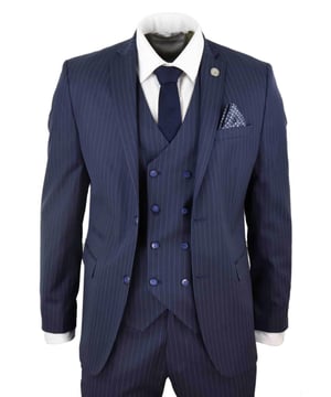 A testament to the styles of the 1920s, this 3-piece navy blue retro pinstripe suit is the perfect outfit when in need of some style and class. Worn by some of your favourite Shelby brothers in the Peaky Blinders gang, this 3-piece pinstripe suit has been expertly tailored from a high-quality polyester blend, giving an elegantly tailored fit, between a slim and regular fit, ensuring that you will always be looking your best. A perfect addition for any wardrobe, this beautifully tailored suit comes complete with the jacket, trouser and a double-breasted waistcoat and is ideal for those times where you need that extra style and class.