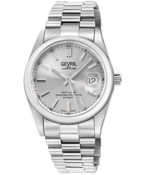 Reloj automático suizo Gevril 48930B para hombres de la colección West Village
Reloj automático suizo para hombres Gevril de la colección West Village
Caja de acero inoxidable satinado y pulido de 40 mm, bisel superior pulido curvado, esfera plateada con efecto sol
Fecha a las 3.00 - Parte trasera de la caja transparente
Corona roscada con logotipo de Gevril, manecillas luminosas
Brazalete de acero inoxidable satinado y pulido 316L con cierre desplegable
Cristal de zafiro antirreflectante
Resistente al agua hasta 100 metros/10ATM
Movimiento automático suizo Sellita SW200