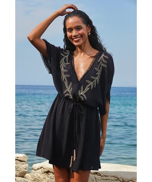 Holiday booked? You'll be needing this
Plunge neckline, nipped-in waist - it's seriously flattering
Lightweight fabric to keep you cool
Gorgeous gold embroidery
Throw it over swimwear
Add wedges and gold hoops for sundowners