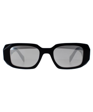 Prada Rectangle Womens Black Light Grey Mirror Silver PR17WS  Sunglasses are a stylish design made of high-quality acetate material that ensures durability and comfort. The temples are adorned with the iconic Prada logo, adding a touch of sophistication. These sunglasses are perfect for any occasion, whether it's a day out in the sun or a night out on the town.