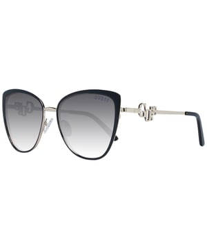 Guess Cat Eye Womens Black Grey Gradient GF6141  Sunglasses are a classy cat eye frame shape, exuding a sense of timeless elegance. The frame is crafted from high-quality metal, known for its durability and lightweight feel, ensuring long-lasting comfort throughout the day. Slender temples feature the Guess logo for a touch of sophistication.