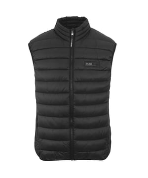 Experience versatility and style with the Plein Sport Gilet! This jacket features plain design, giving you two stylish looks in one. Stay cozy and chic with the bold logo and padded details. Perfect for any fashion-forward individual., Round Neck, Black Jacket, Material: 100% Polyamide, Filling: 100% Polyester, Padded Jacket, Zip Closure, Style: UPPS102P 99