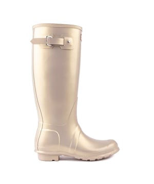 Gouden Hunter originele hoge klassieke dameslaarzen, vervaardigd met rubber en veganistisch en een rubberen zool. Kenmerken: volledig waterdicht, handgemaakt uit 28 delen, polyester voering en rubberen buitenzool.