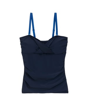 85% Gerecycleerd Polyester, 15% Elastaan. Ontwerp: Eenvoudig. Bevestiging: Verstelbare riemen. Hals: Liefje. Stoftechnologie: Duurzaam, Stretch. Niet-bedrade, gevoerde cups, buikband, omslagdoek. Pasvorm: Flatterend. Zonneschatting: UPF 50+.
