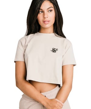 inchBeige Essential Retro Box Fit Crop TShirtSoft touch fabricCrew neckCropped teeEmbroidered SikSilk logoMachine wash95% Cotton  5% Elastane inch
