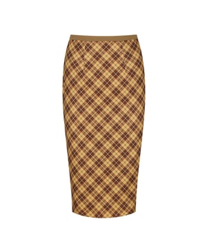 Esta falda midi entallada con estampado está confeccionada en tejido de gabardina. Tiene una cinturilla beige de color liso con pinzas debajo de la parte delantera y trasera. Se cierra en la espalda con cremallera metálica de color dorado. La falda tiene una abertura en la espalda y está totalmente forrada.
