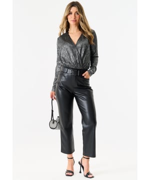 Elevate your fashion game with this Metallic Plisse Wrap Front Bodysuit. The metallic finish adds a touch of glamour to your outfit, while the wrap front design flatters your figure. The bodysuit is perfect for a night out, an event, or any occasion where you want to make a statement.
