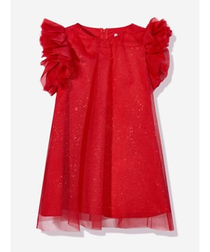 Californian label Mama Luma depict beautiful designs via their ethically sourced fabrics. This girls red dress is reflective of the label's fine detailing and handmade construction. Engineered in organza showcasing large, exaggerated puffer elasticated sleeves and a silver glittered effect.‚ Zip Fastening ‚ Round Neck ‚ Cotton Lining‚ 100% Polyester