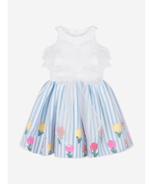 Californian label Mama Luma depict beautiful designs via their ethically sourced fabrics. This girls floral print dress is reflective of the label's fine detailing and handmade construction. Crafted with exaggerated frills on the front bodice with a large bow and stripes on the hem with pink and yellow flower prints.‚ Zip Fastening ‚ Mesh Netted Cotton Lining ‚ 100% Polyester
