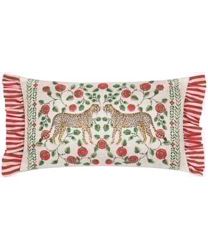Add a stylish touch to your living space with the Okara Leopards Printed Ruffle Cushion. Featuring an exquisitely hand-painted design inspired by Indian Chintz, this cushion combines painterly florals with a striking mirrored print of jungle creatures, creating a sophisticated yet vibrant statement piece. The textured fabric and versatile colour palette enhance its modern appeal, while the striped frill trim adds an effortless charm that blends relaxed style with refinement. Perfect for those who appreciate the art of print and pattern, this cushion effortlessly elevates interiors with a tasteful nod to nature's beauty.