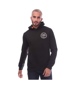 Mens Duck & Cover Macksony Graphic Hoodie in black.- Lined hood.- Kangaroo pocket.- Raised ink Duck And Cover logo to chest.- Woven label to the hood.- Regular fit.- 65% Cotton  35% Polyester.- Ref: DC2E121511BK