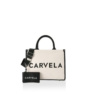 The Carvela Sorrento Tote bag features a beige fabric exterior with structure. There are black trims and branding on the front. 23cm (H), 30cm (L), 10cm (D). Strap length: 122cm.